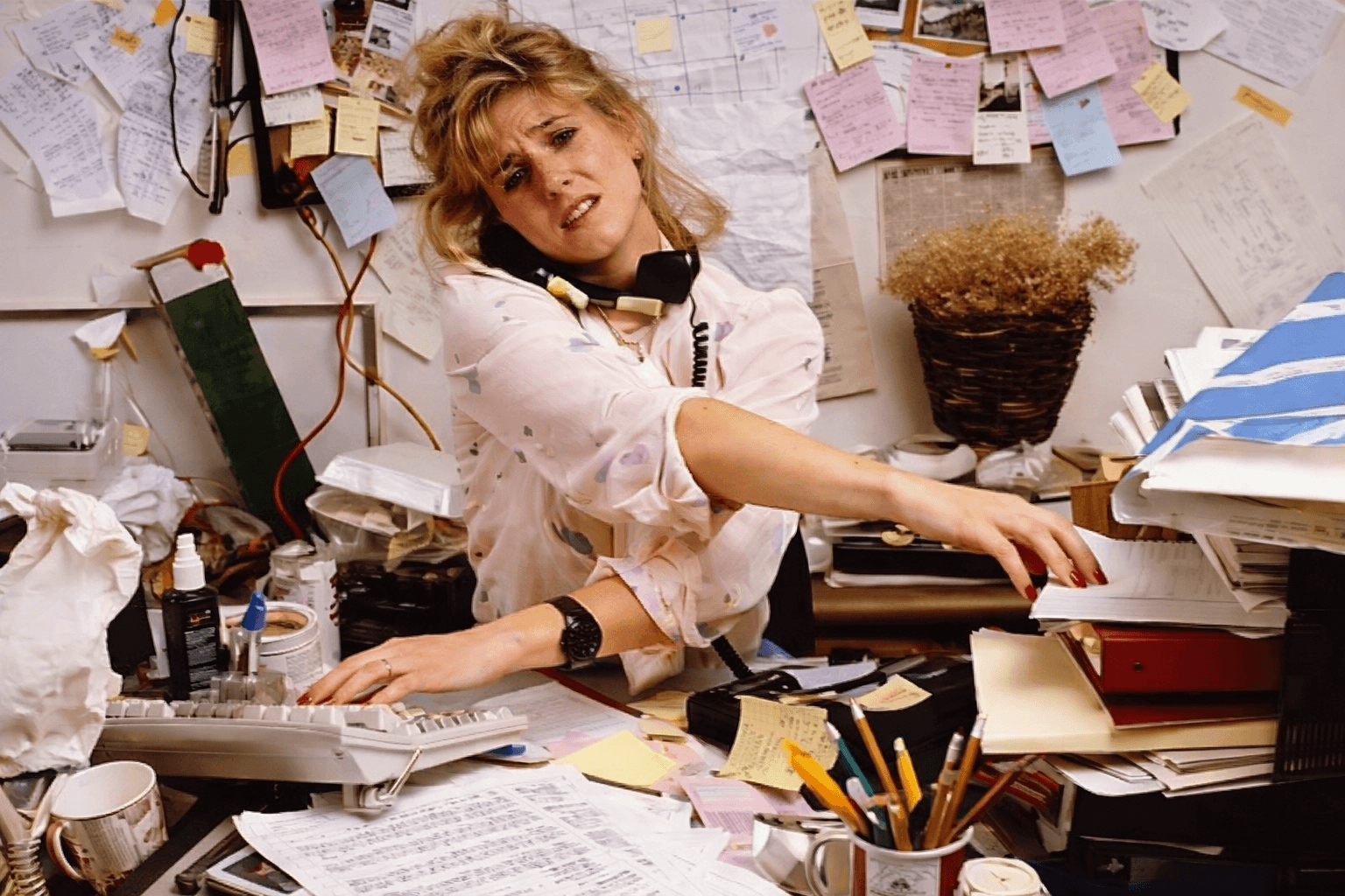 Office worker multitasking chaos